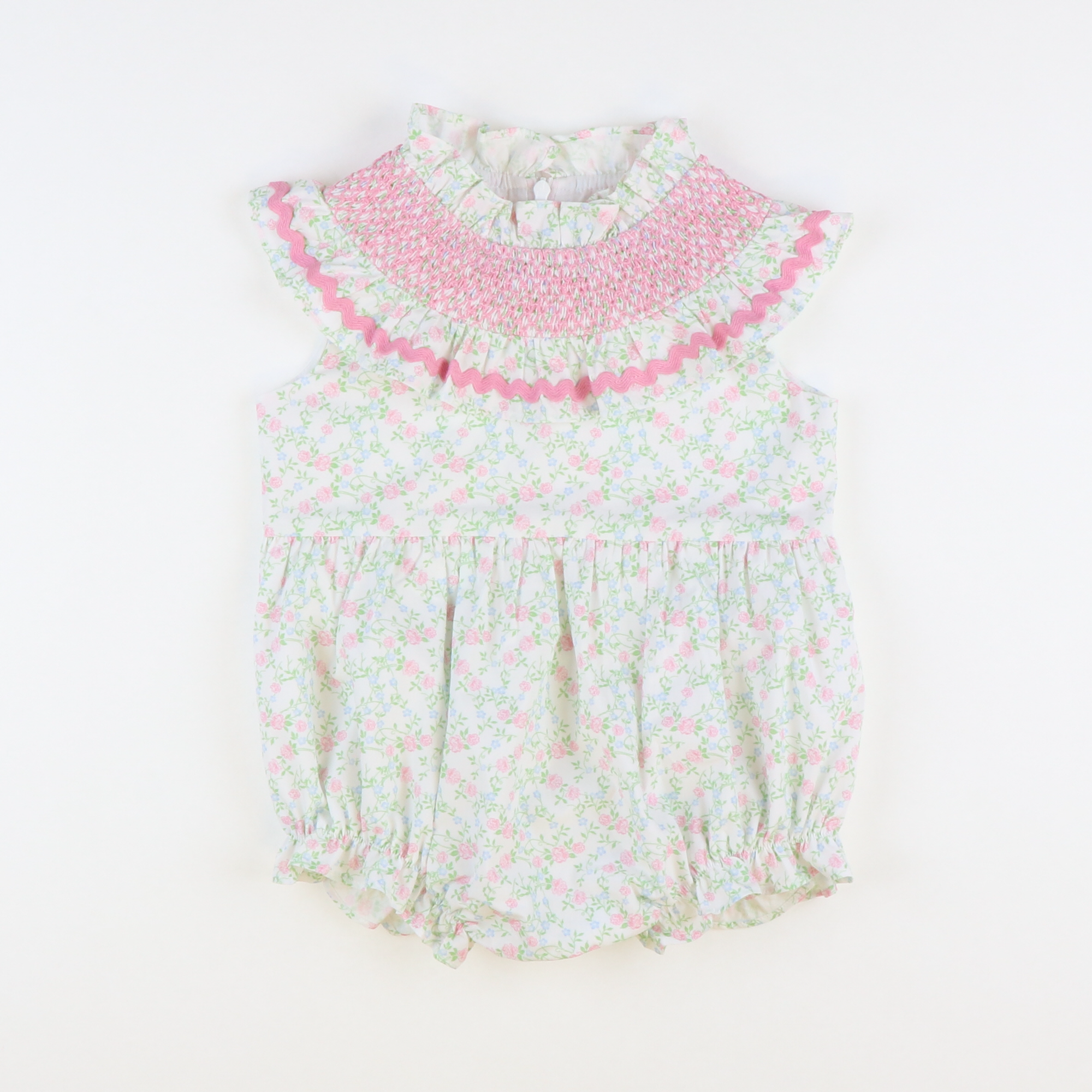 Smocked Ruffle Neck Girl Bubble - Pink & Blue Floral - Stellybelly