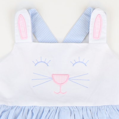 Embroidered Bunny Face Dress - Light Blue Mini Gingham