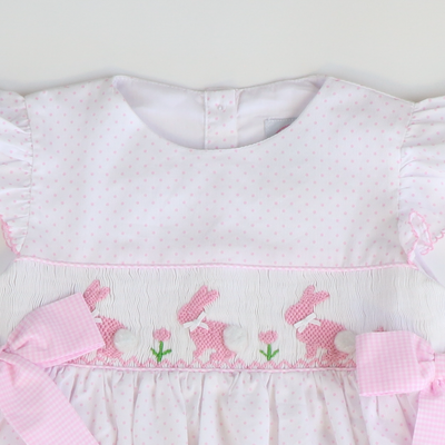 Smocked Silhouette Light Pink Bunnies Dress - Pink Tiny Dots