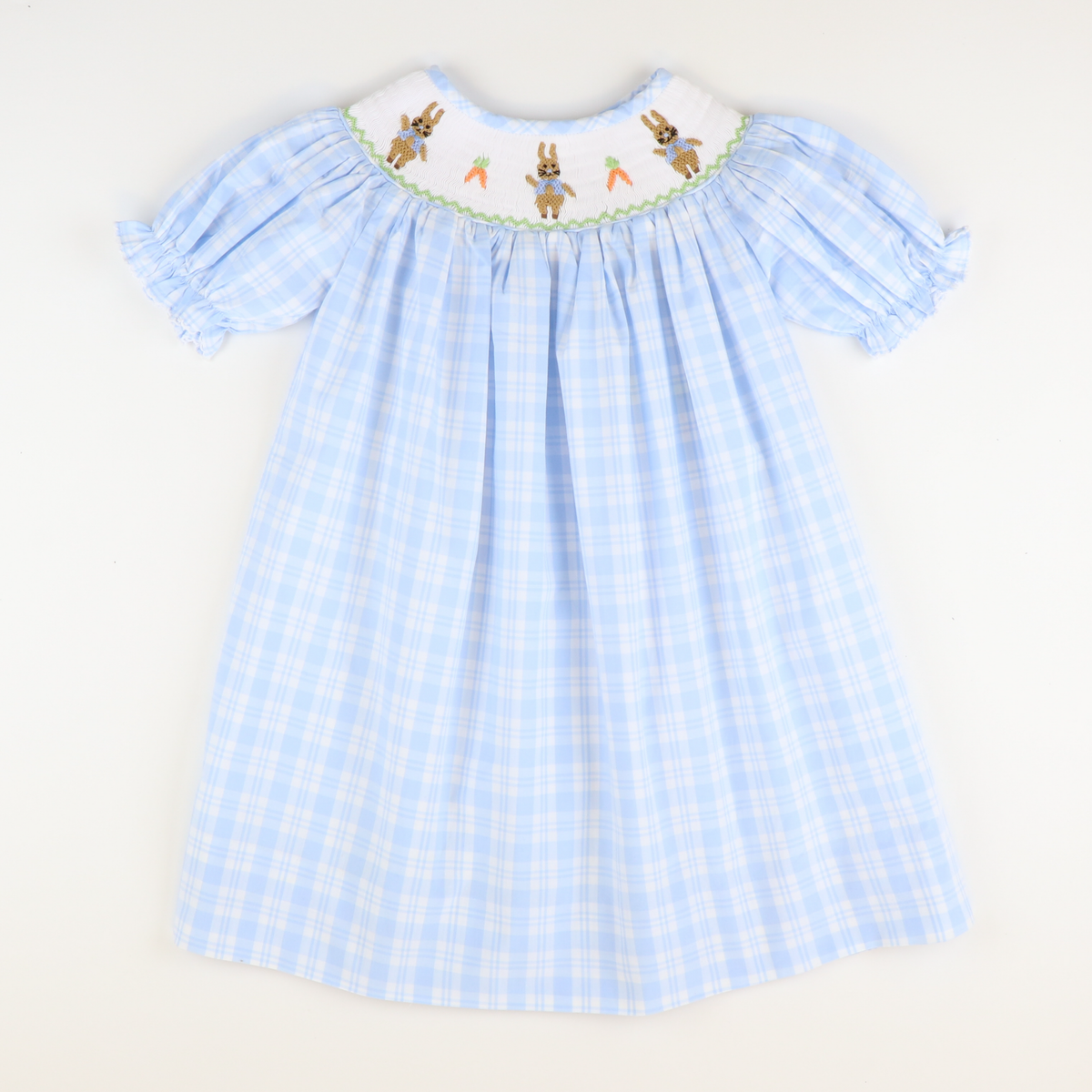 Smocked Classic Storybook Rabbits Bishop - Light Blue Plaid