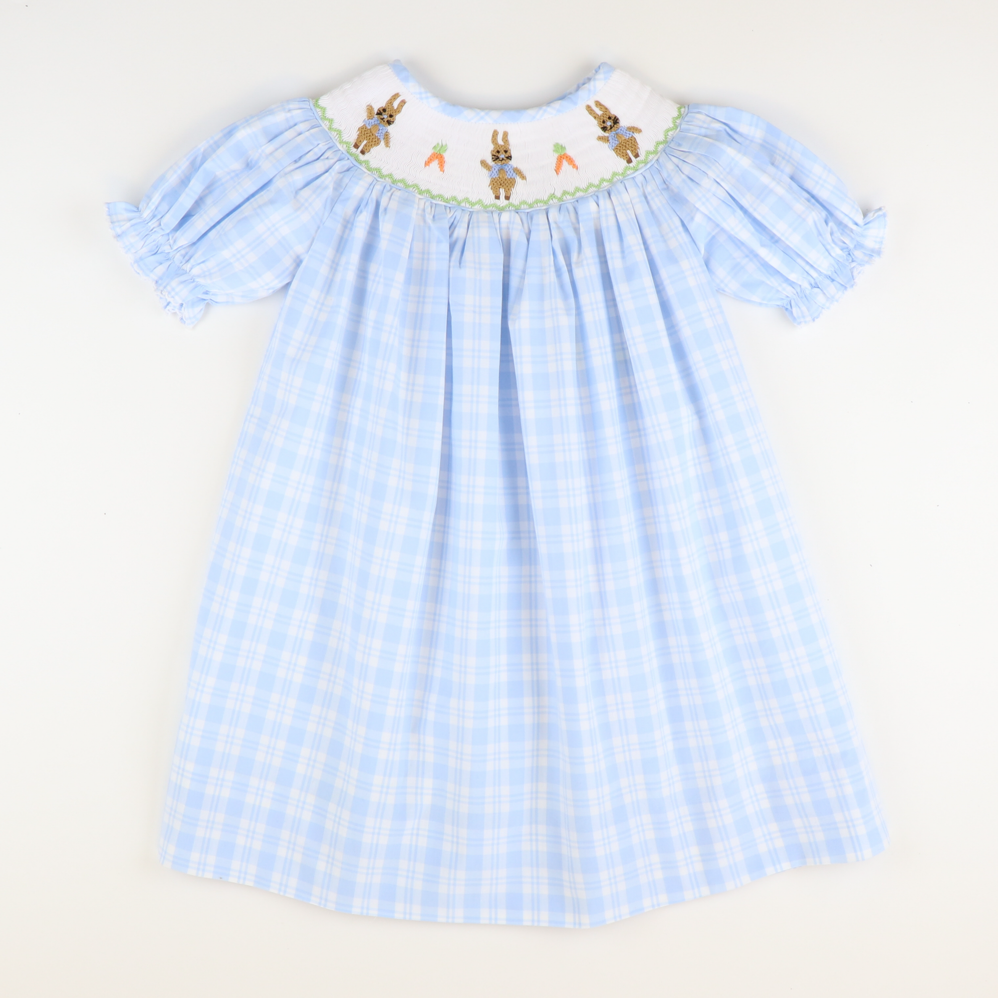 Smocked Classic Storybook Rabbits Bishop - Light Blue Plaid