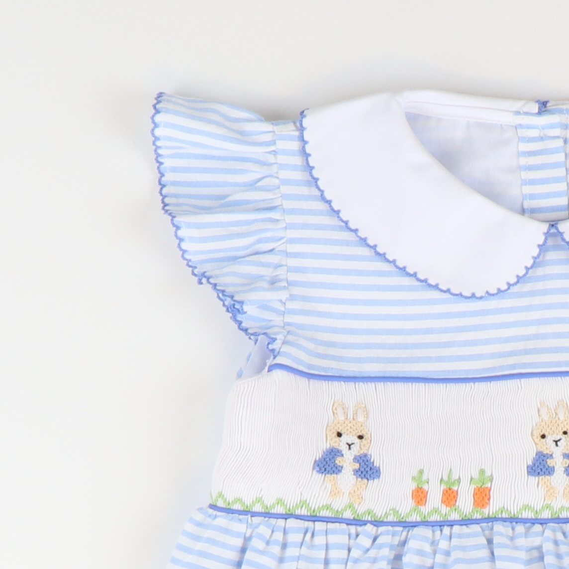 Smocked Storybook Rabbits Collared Dress - Light Blue Stripe Seersucker