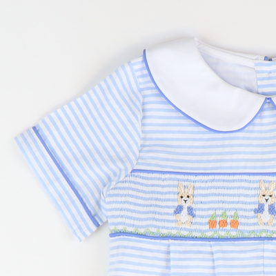 Smocked Storybook Rabbits Boy Collared Romper - Light Blue Stripe Seersucker