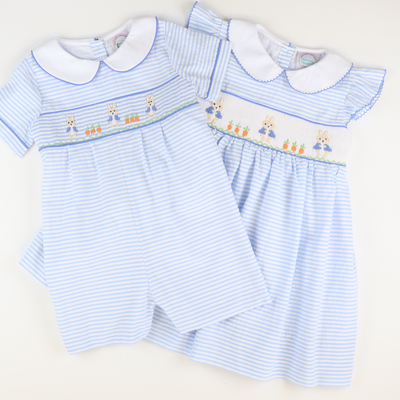 Smocked Storybook Rabbits Boy Collared Romper - Light Blue Stripe Seersucker