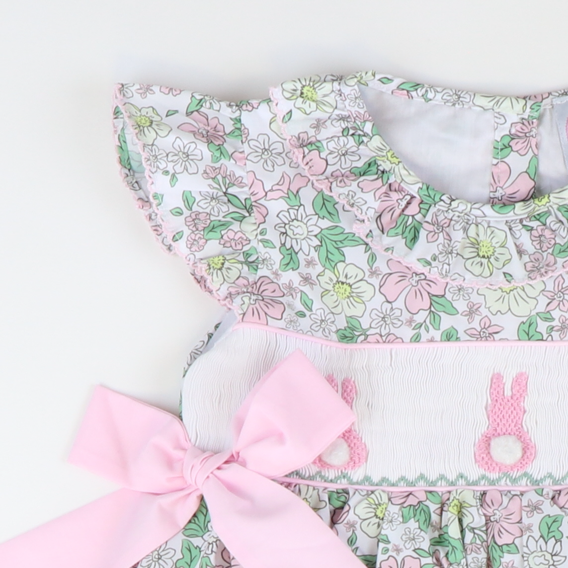 Smocked Cottontail Pink Bunnies Dress - Pink & Gold Floral