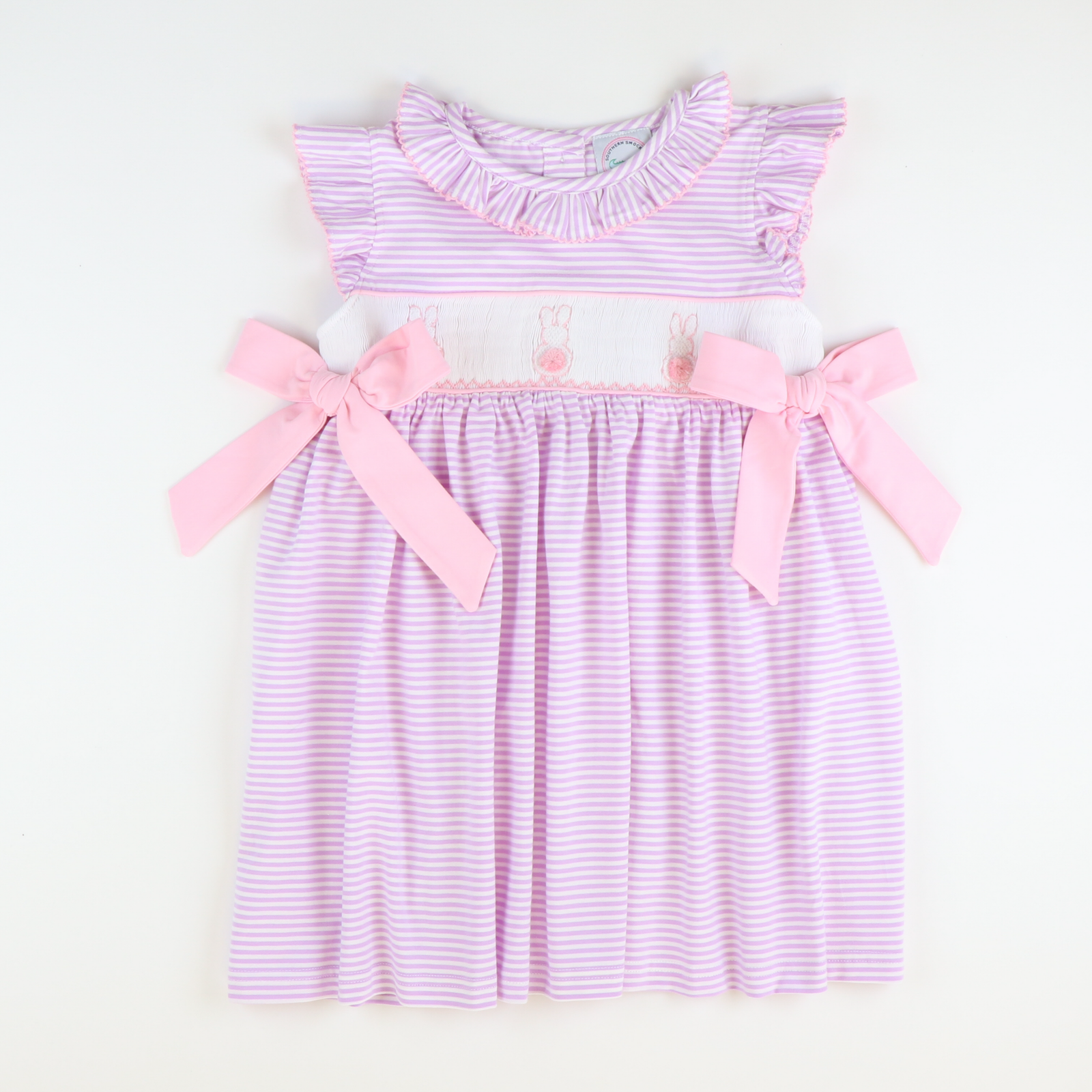 Smocked Cottontail Bunnies Dress - Lavender Stripe Knit - Stellybelly