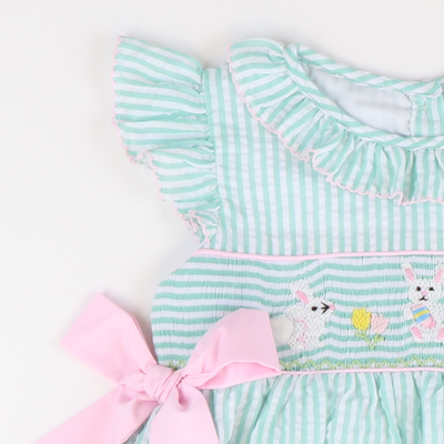 Smocked Easter Bunnies Ruffle Neck Dress - Mint Stripe Seersucker