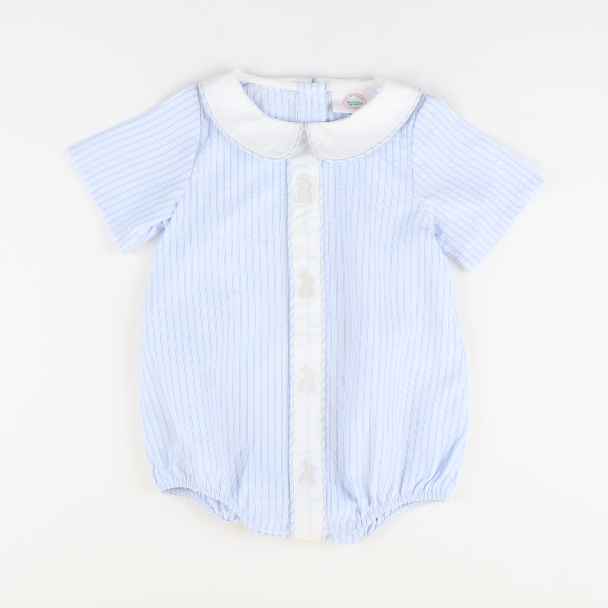 Embroidered Silhouette Bunnies Boy Bubble - Light Blue Stripe Seersucker