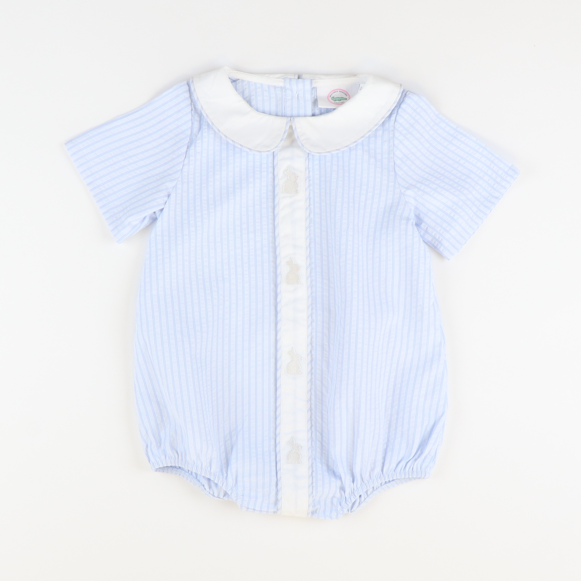 Embroidered Silhouette Bunnies Boy Bubble - Light Blue Stripe Seersucker