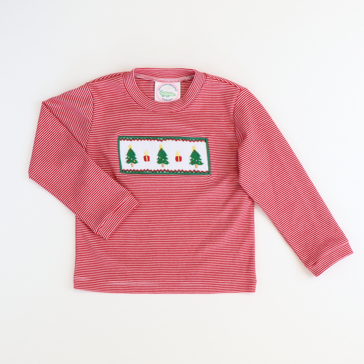 Smocked Christmas Trees Long Sleeve Shirt - Red Mini Stripe Knit - Stellybelly