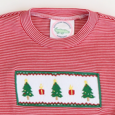 Smocked Christmas Trees Long Sleeve Shirt - Red Mini Stripe Knit - Stellybelly