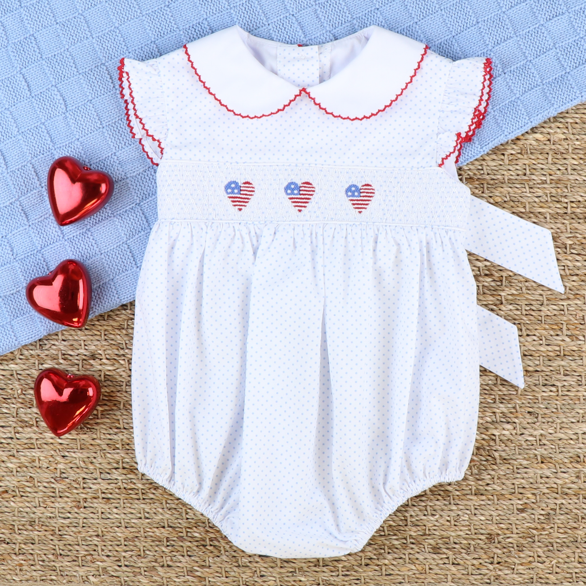 Smocked Patriotic Hearts Collared Girl Bubble - Light Blue Dot