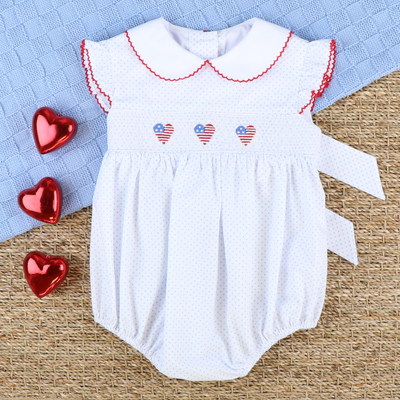 Smocked Patriotic Hearts Collared Girl Bubble - Light Blue Dot