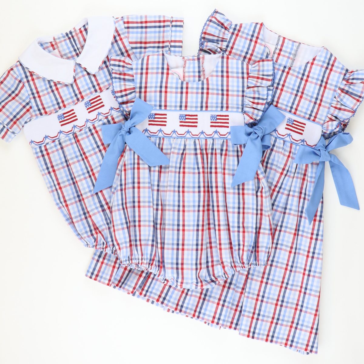 Smocked Flags Collared Boy Bubble - Patriotic Plaid - Stellybelly
