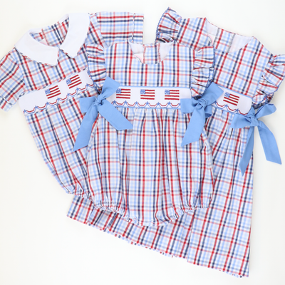 Smocked Flags Bow Dress - Patriotic Plaid - Stellybelly
