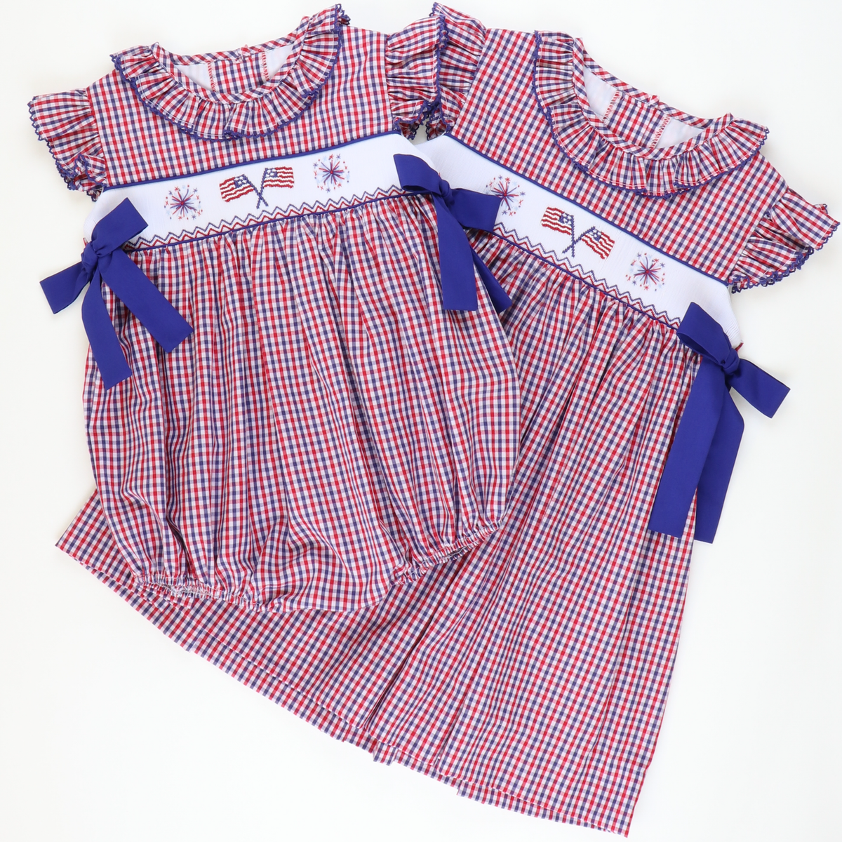 Smocked Flags & Fireworks Ruffle Neck Girl Bubble - Red & Blue Gingham - Stellybelly