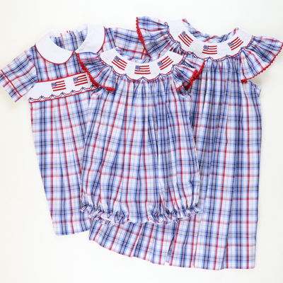 Smocked Flags Collared Boy Romper - Liberty Plaid - Stellybelly