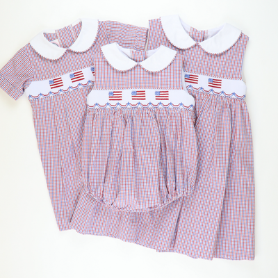 Smocked Flags Collared Girl Bubble - Patriotic Mini Check Seersucker - Stellybelly