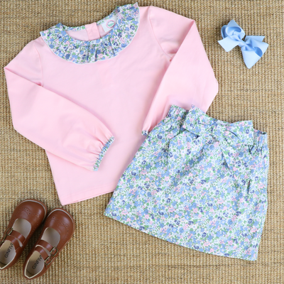 Pink & Blue Floral Ruffle Blouse & Skirt Set