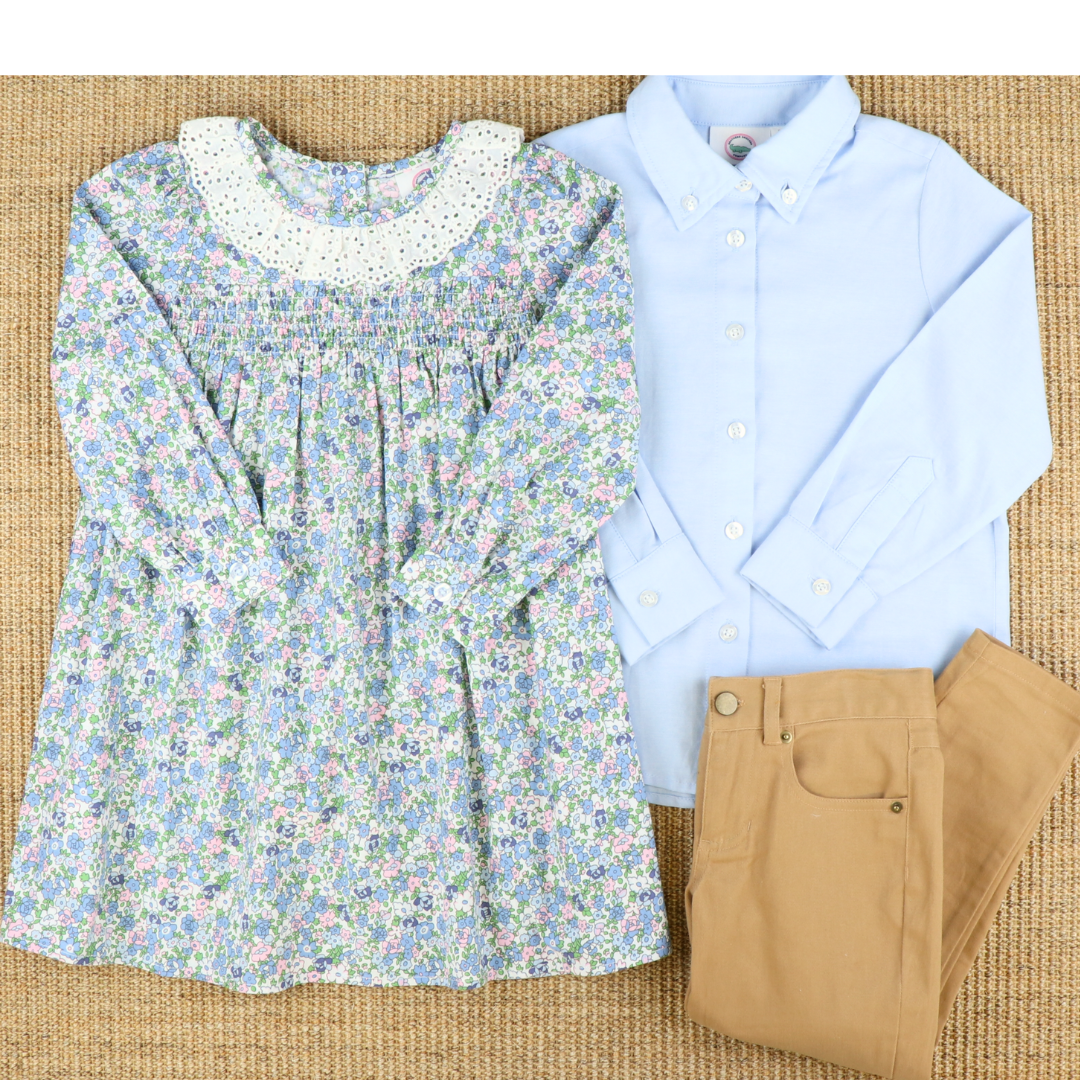 Eyelet Ruffle Smocked Dress - Pink & Blue Floral - Stellybelly