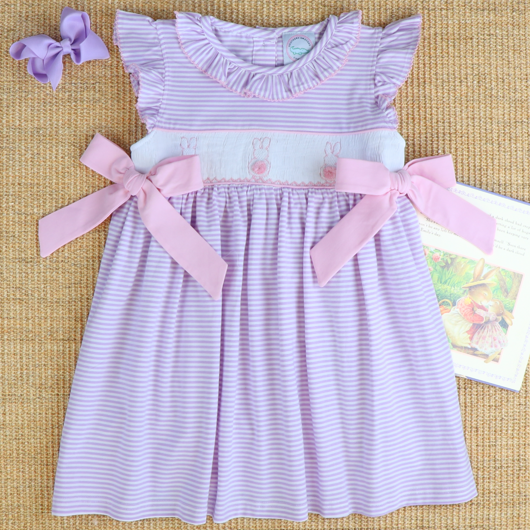 Smocked Cottontail Bunnies Dress - Lavender Stripe Knit - Stellybelly