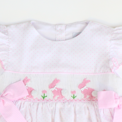 Smocked Silhouette Light Pink Bunnies Dress - Pink Tiny Dots - Stellybelly