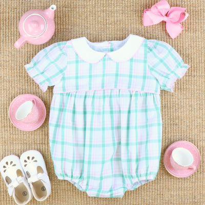 Collared Girl Bubble - Preppy Pink & Green Plaid - Stellybelly