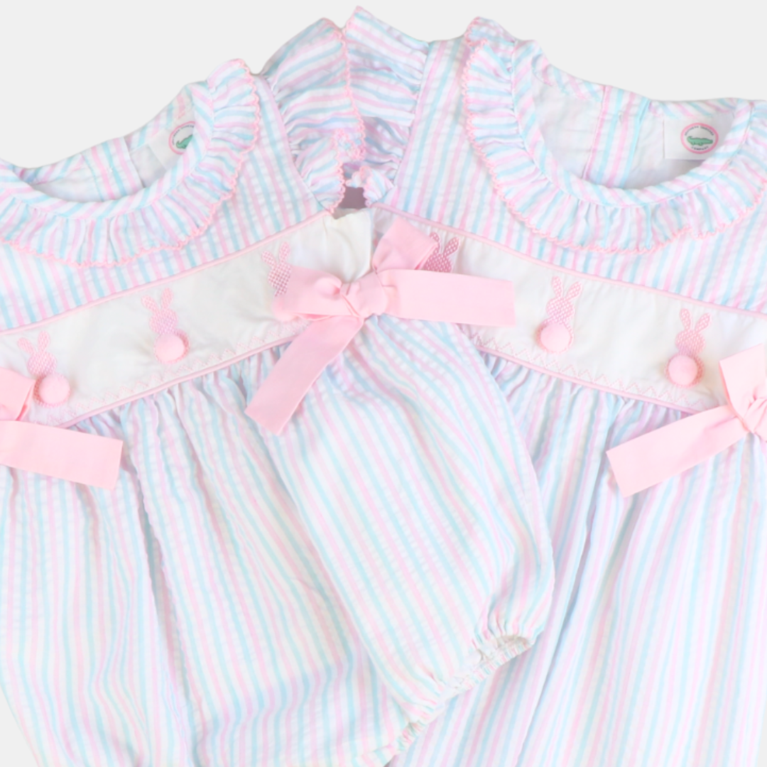 Embroidered Cottontail Bunnies Girl Bubble - Pink & Aqua Stripe Seersucker - Stellybelly