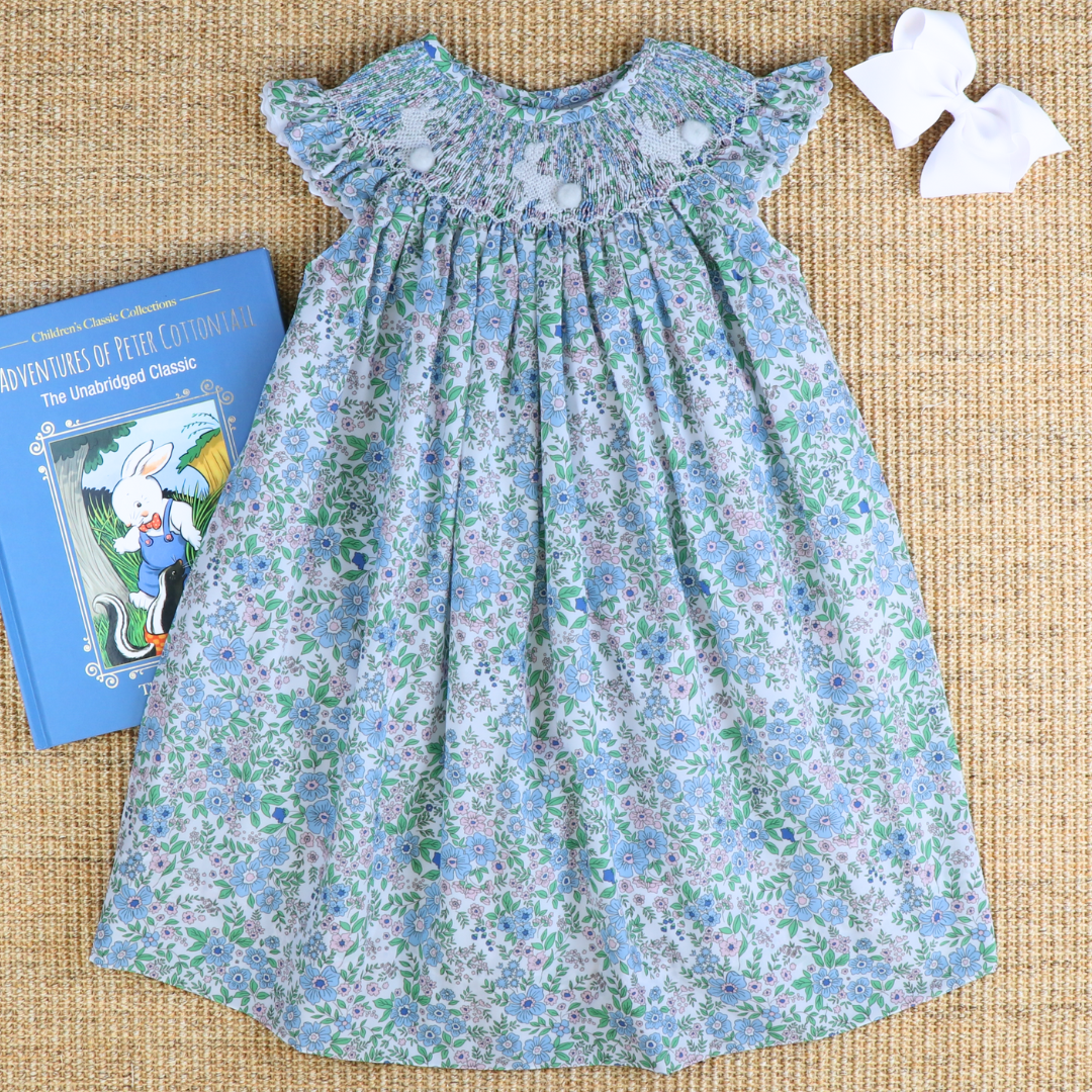 Smocked Silhouette White Bunnies Bishop - Pink & Blue Floral - Stellybelly