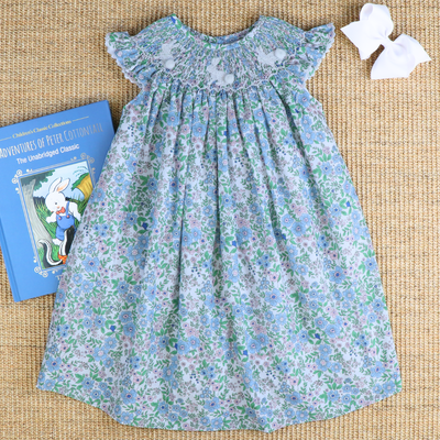 Smocked Silhouette White Bunnies Bishop - Pink & Blue Floral - Stellybelly