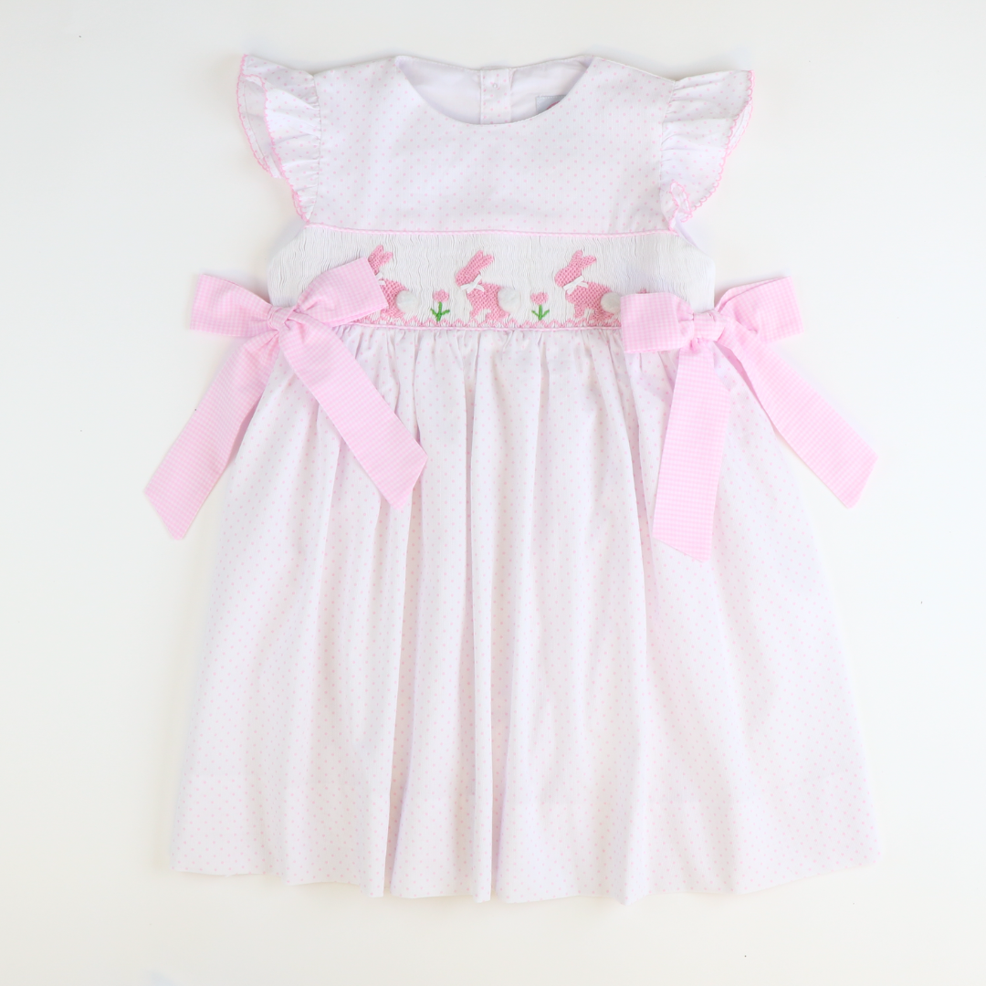 Smocked Silhouette Light Pink Bunnies Dress - Pink Tiny Dots - Stellybelly