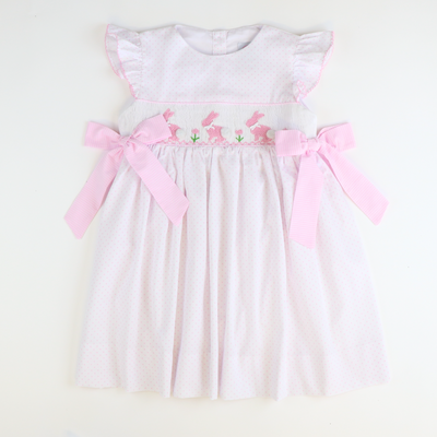 Smocked Silhouette Light Pink Bunnies Dress - Pink Tiny Dots - Stellybelly