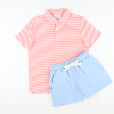 Boys Signature Knit Polo - Coral Thin Stripe