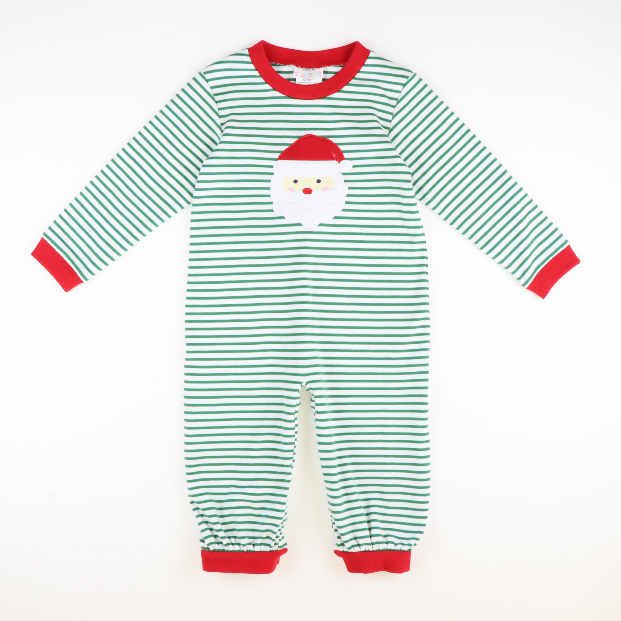 Appliquéd Santa Face Boy Long Bubble - Christmas Green Stripe Knit - Stellybelly