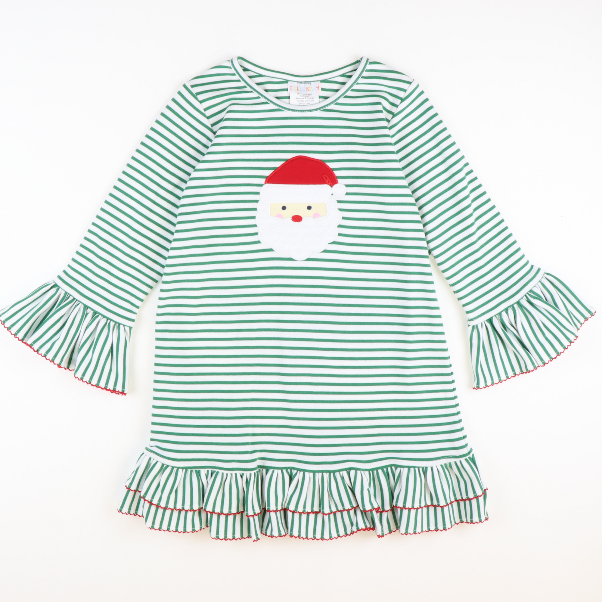 Appliquéd Santa Face Knit Ruffle Dress - Christmas Green Stripe - Stellybelly