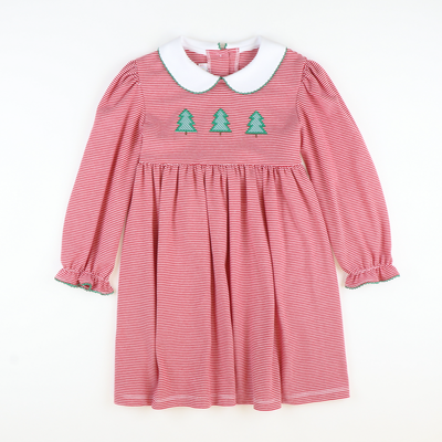 Appliquéd Christmas Trees Collared Dress - Red Stripe Knit - Stellybelly