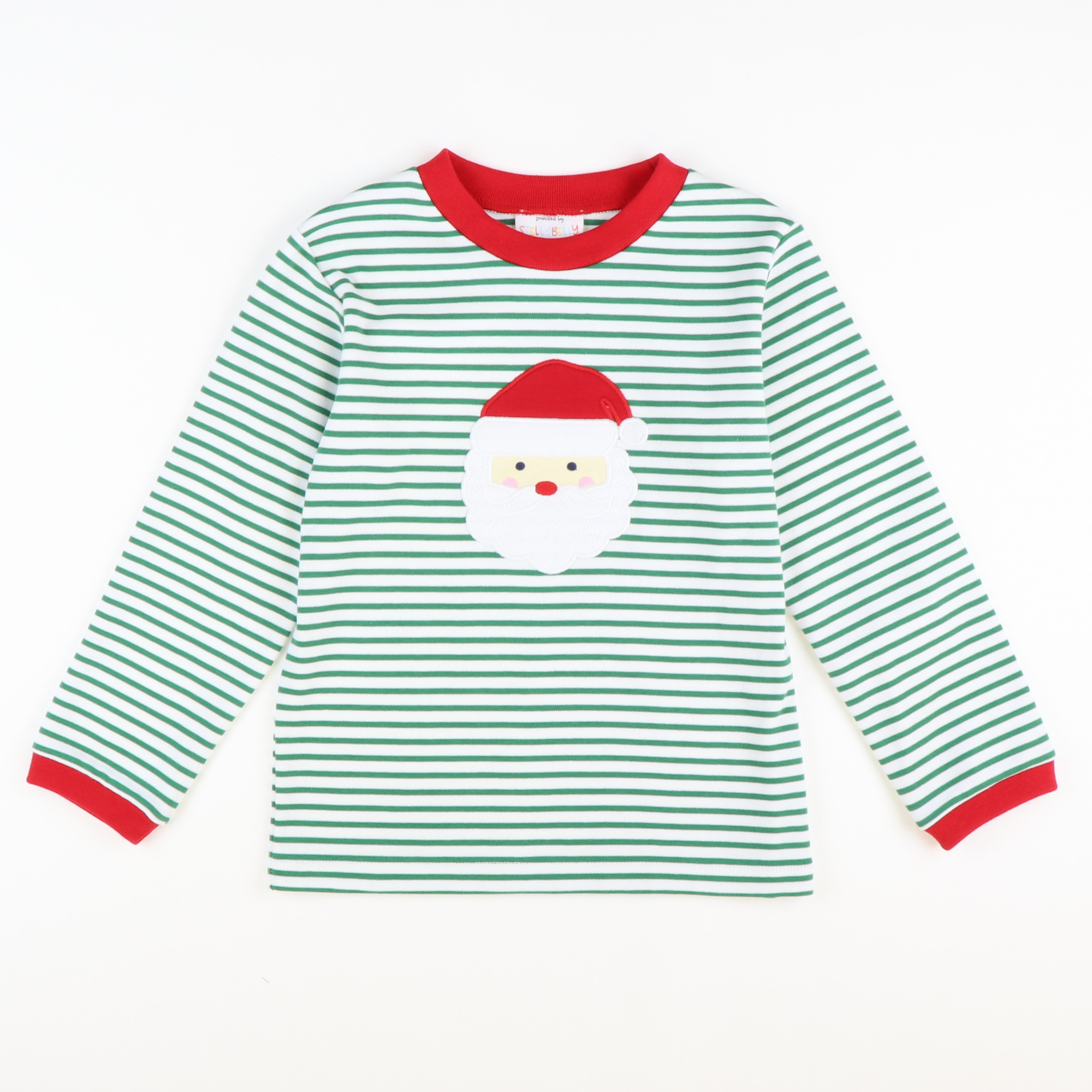 Appliquéd Santa Face Long Sleeve Shirt - Christmas Green Stripe Knit - Stellybelly