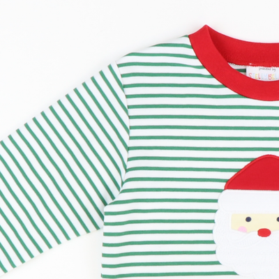 Appliquéd Santa Face Long Sleeve Shirt - Christmas Green Stripe Knit - Stellybelly