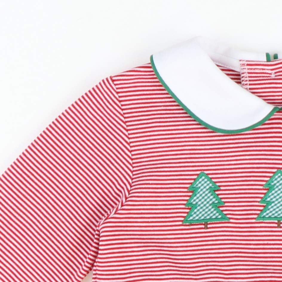 Appliquéd Christmas Trees Collared Dress - Red Stripe Knit - Stellybelly