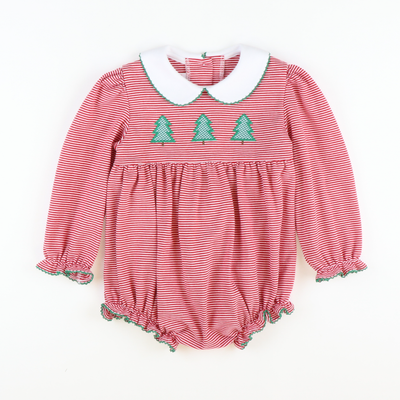 Appliquéd Christmas Trees Girl Bubble - Red Stripe Knit - Stellybelly