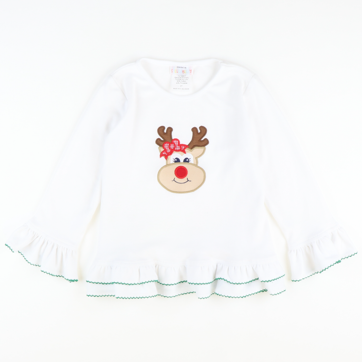Appliquéd Reindeer Ruffle Top - White Knit - Stellybelly