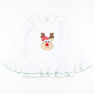 Appliquéd Reindeer Ruffle Top - White Knit - Stellybelly