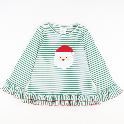 Appliquéd Santa Face Ruffle Top - Christmas Green Stripe Knit - Stellybelly