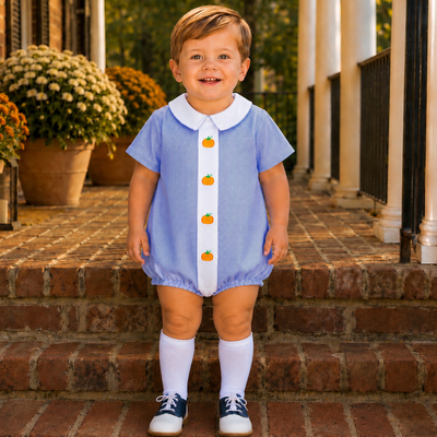 Embroidered Pumpkins Boy Collared Bubble - Blue Gingham