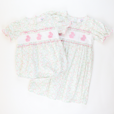 Embroidered Bunnies Girl Bubble - Pink & Blue Floral - Stellybelly