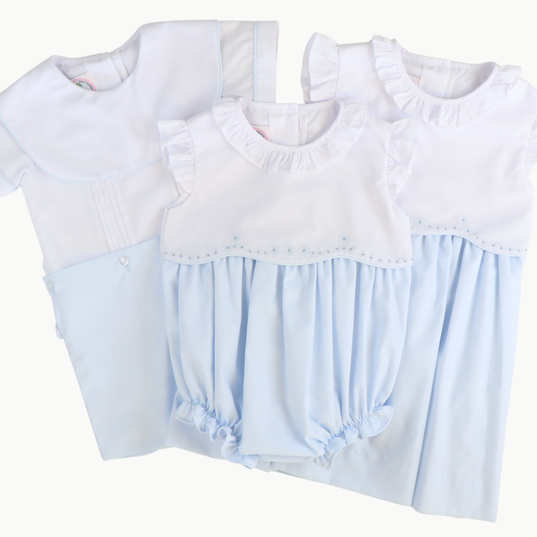 Embroidered Ruffle Girl Bubble - Light Blue - Stellybelly