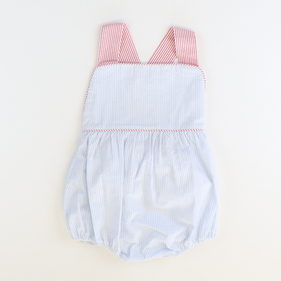 Cross Back Boy Bubble - Light Blue Stripe Seersucker - Stellybelly