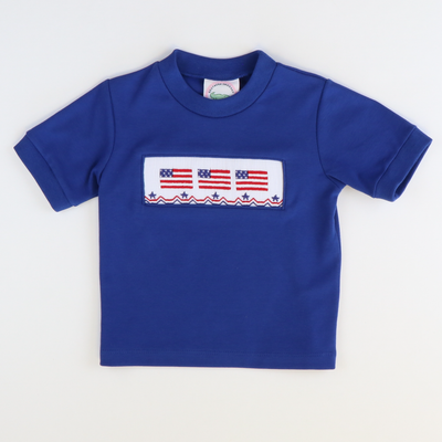 Smocked Patriotic Flags Short Sleeve Royal Blue Knit Shirt - Stellybelly