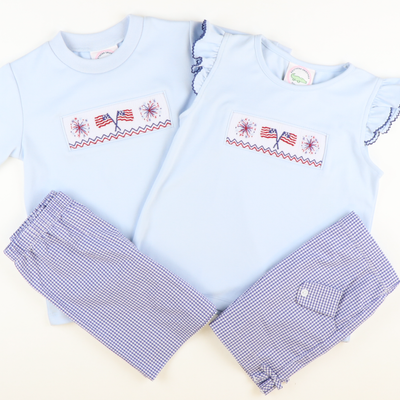 Smocked Flags and Fireworks Short Sleeve Light Blue Knit Shirt - Stellybelly