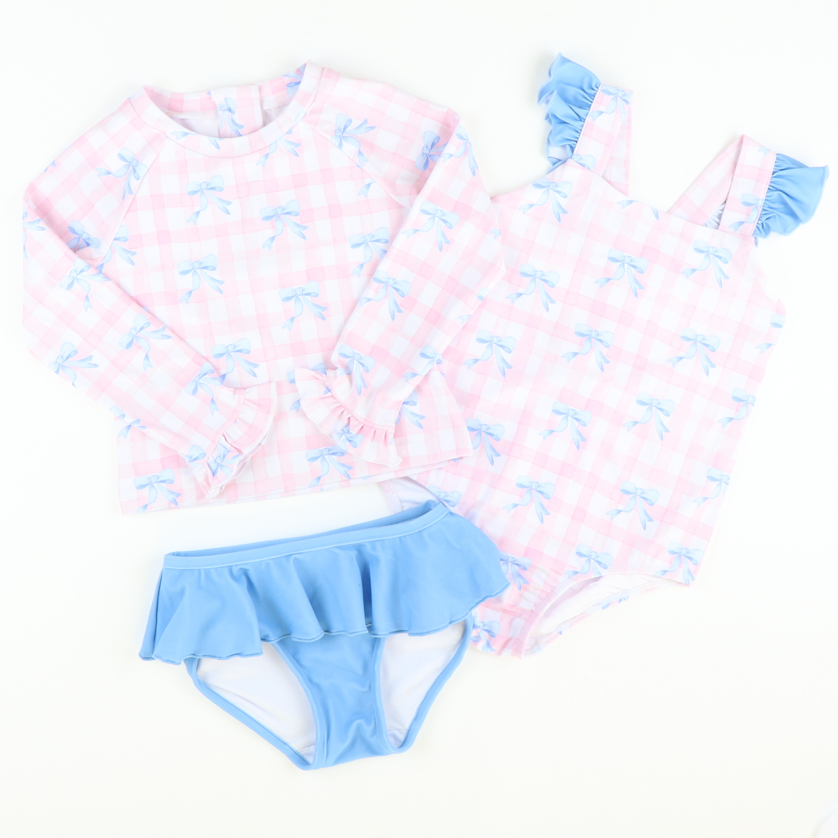 Blue Bows & Pink Check One-Piece Swimsuit - Stellybelly